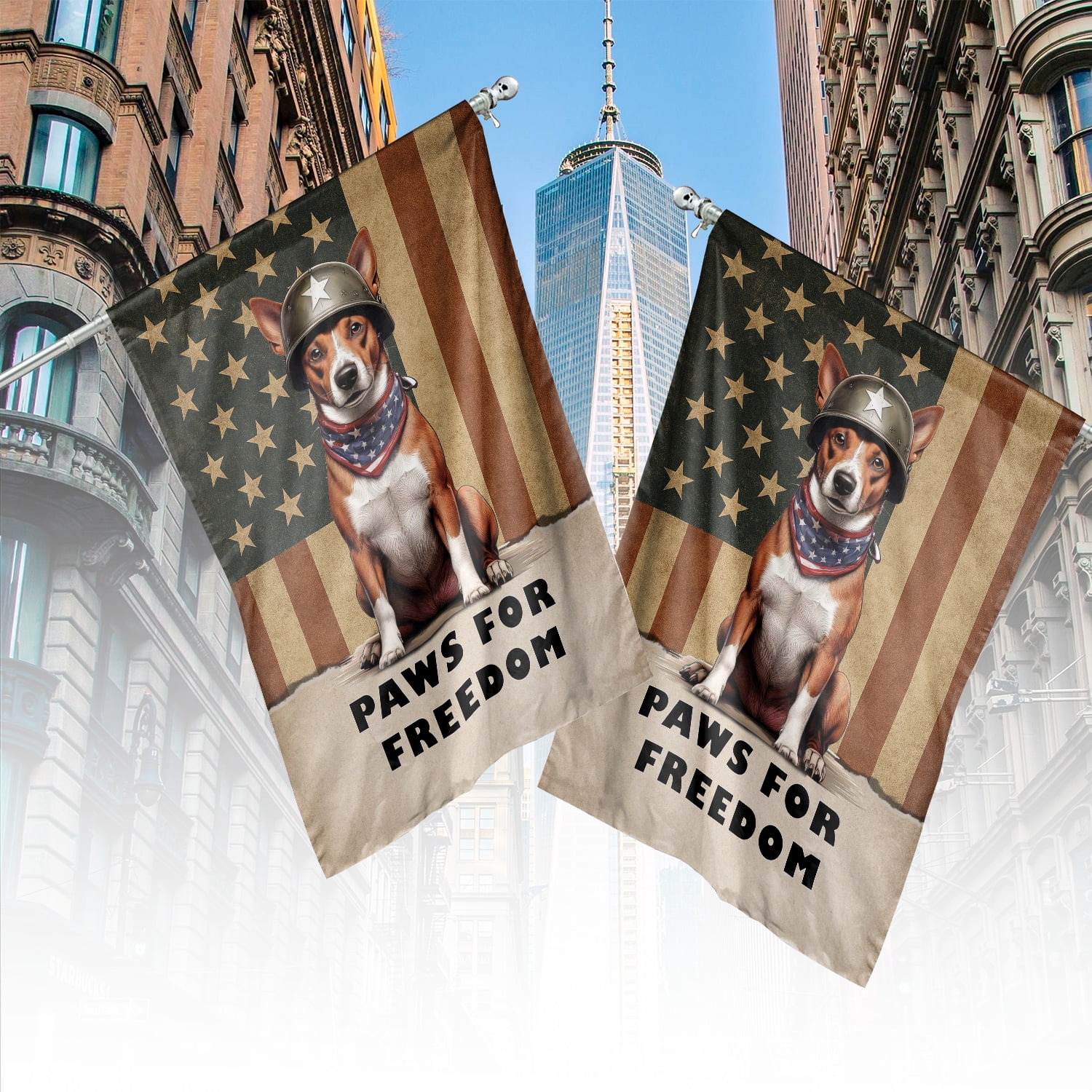 Freedom Paws Patriotic Basenji Vintage Memorial Day House Flag 28x40in Double Sided African Barkless Dog Lover Outdoor Decor - 12006