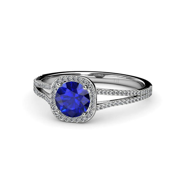 Blue Sapphire and Diamond (SI2-I1, G-H) Halo Engagement Ring 1.20 ct tw ...