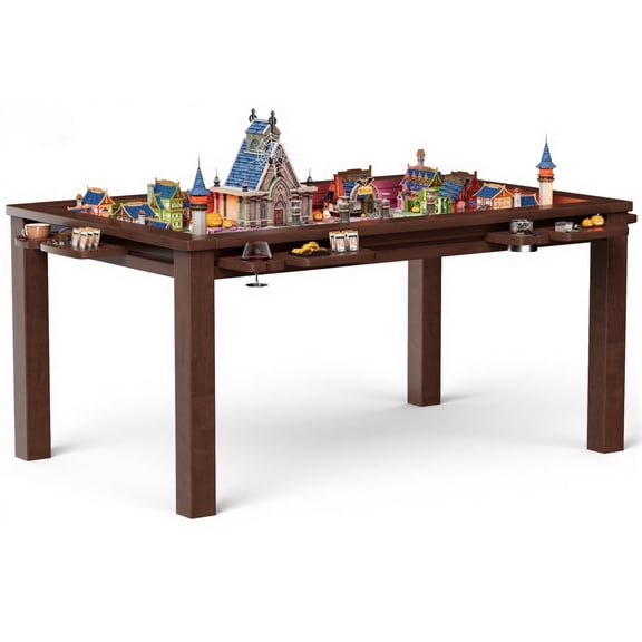 HARIPUL Solid Wood Board Game Table for 4-6 People, 57'' x 33.5'' Play Area with Removable Table Panels, Dining and Gaming Table Includes PU Leather Playmat, 6 Detachable Cup Holders&Trays