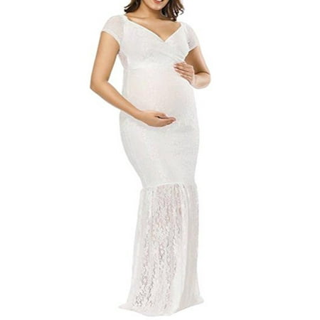 JTOPPER Maternity Sexy V Neck Lace Mermaid Gown Baby Shower Maxi Photography Dress