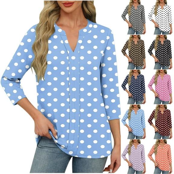 Feancey 3/4 Sleeve Womens Tunic Tops V Neck Casual Polka Dot Print T-Shirts Loose Fit Dressy Office Work Shirts Soft Cute Tees for Women Purple S