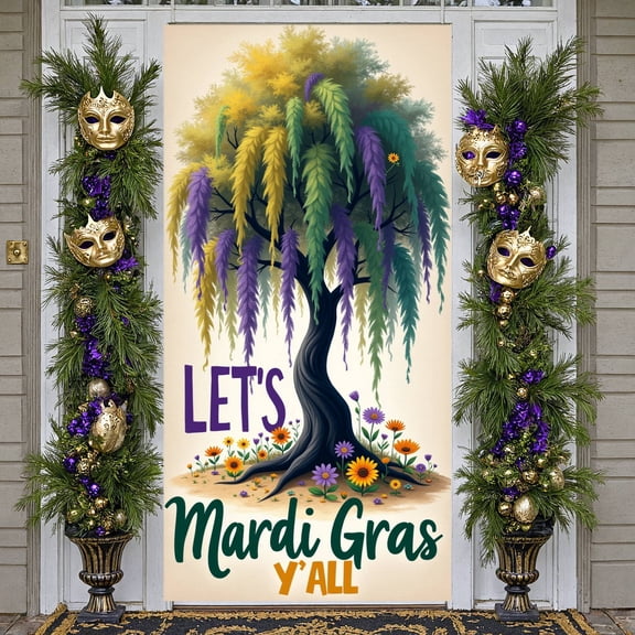 Colorful Tassels Mardi Gras Banner Floral Design Carnival Display Green Purple Theme Festive Festive Backdrop for Mardi Gras Party Carnival Celebration Festival Decoration