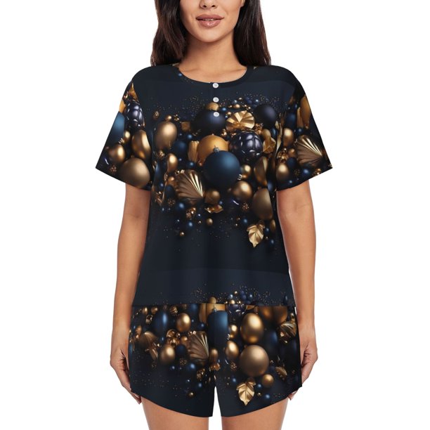 Balery Elegant Golden Blue Ornaments Conjunto de Pijama para Mujer con Estampado, Dos Piezas de Manga Corta y Shorts, Ropa de Dormir Suave con Cuello Redondo y Bolsillos-3X-Large