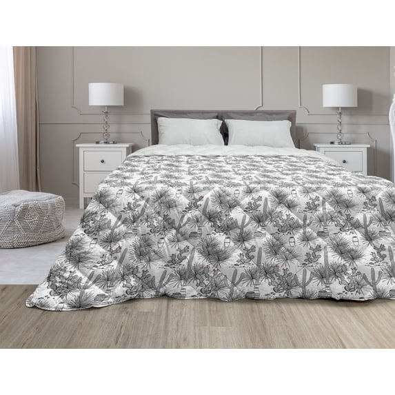 Mexican Down Alternative Comforter, Traditional Characteristic Latin American Houses Cactus Plants Jars Drawing, Microfiber Quilt for All Season, 5 Sizes, White Grey Coral, by Ambesonne