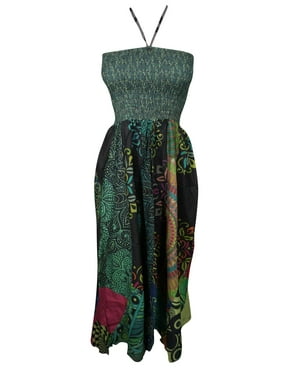 Mogul Women Hippie Dress Boho Smocked Bodice Cotton Green Beach Dresses S/M