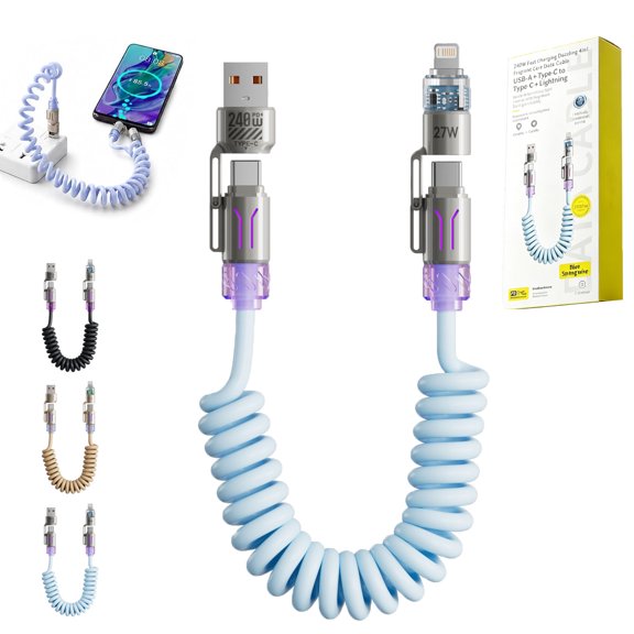 4-in-1 240w 6.6 Ft Self-Coiling Fast Charging & Data Cable,USB A and USB C Adapters Multi Charger Cord Pd Fast Charging Data Cable,for Cars Phones Tablets & Laptops (Blue)