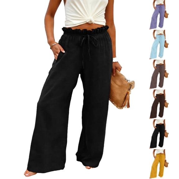 Lenago Pants for Women Solid Color Linen Wide-Leg Pants With Elastic Waistband Loose Casual Style Long Trousers