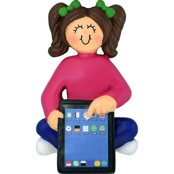 Ornament Central Female/Child Brunette with Tablet Ornament, Christmas, tag