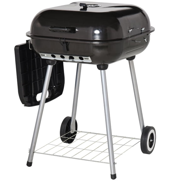22" Charcoal Barbecue Grill with Portable Wheel, Side Tray and Lower Shelf for Outdoor BBQ for Garden, Backyard, Poolside