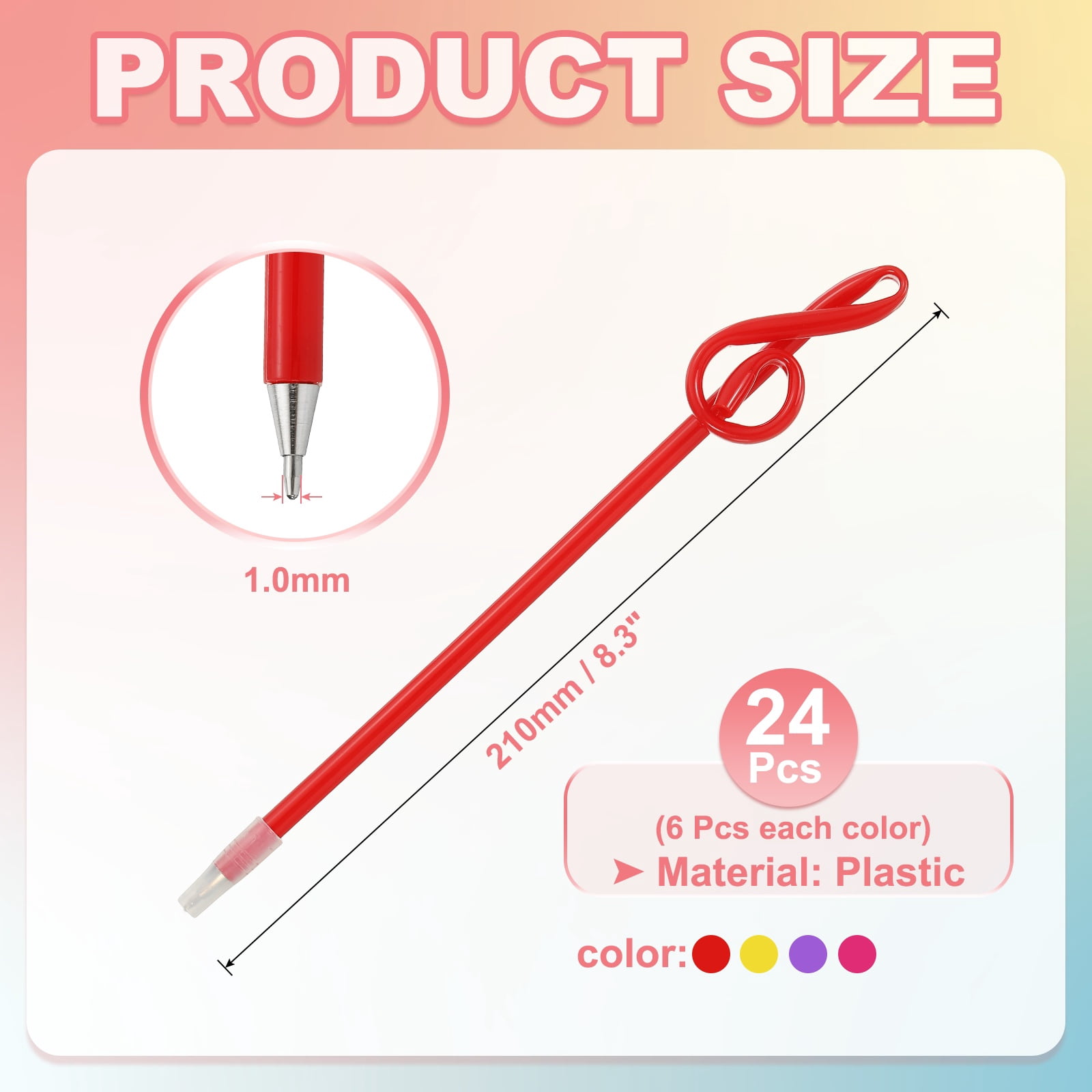 24pcs Rollerball Pens 1.0mm, Musical Note Ball Point Pens Black Liquid Gel Ink Music Novelty Smooth Writing for Home Office Gifts, Red Yellow Purple Pink