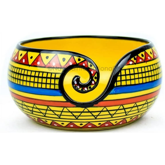 Nagina International Ceramic Attractively Hand Painted Gorgeous Stoneware Yarn Ball Storage Bowl with Innovative Dispensing Curl | Knitting & Crochet Accessions (Large, African Yellow)