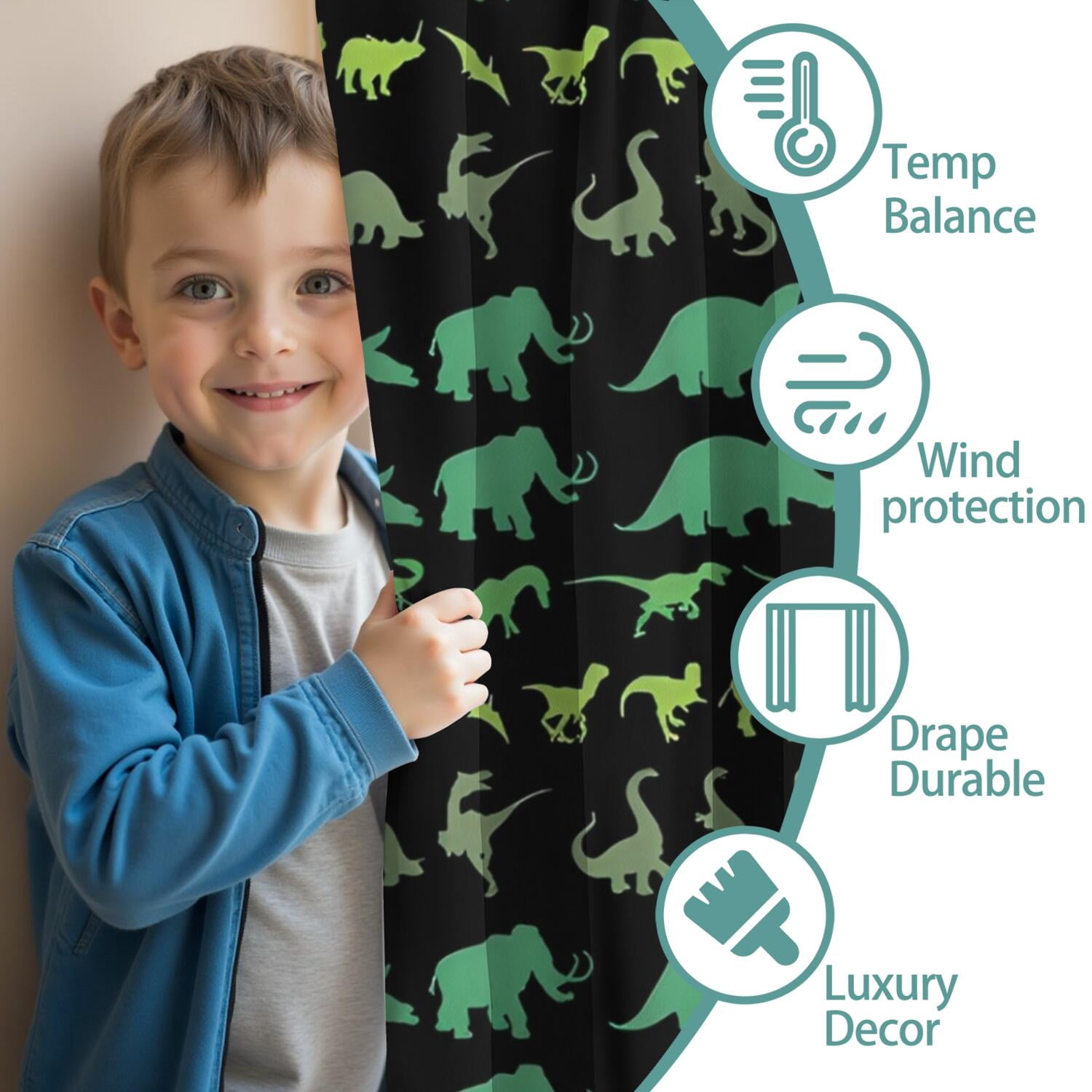 Blackout Kids Curtains,Green Dinosaurs MultiShapes Pattern Childrens Insulated Curtains Set Of 2,Bedroom Essentials,Toddler Room Decor 42"x84"
