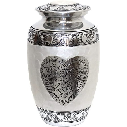 RUZIOON Heart Cremation Urn - Silver Heart Funeral Urn for Human Ashes - Burial urn with Detailed Engraving - 100% Aluminum- Adult Large Size up to 200 lbs