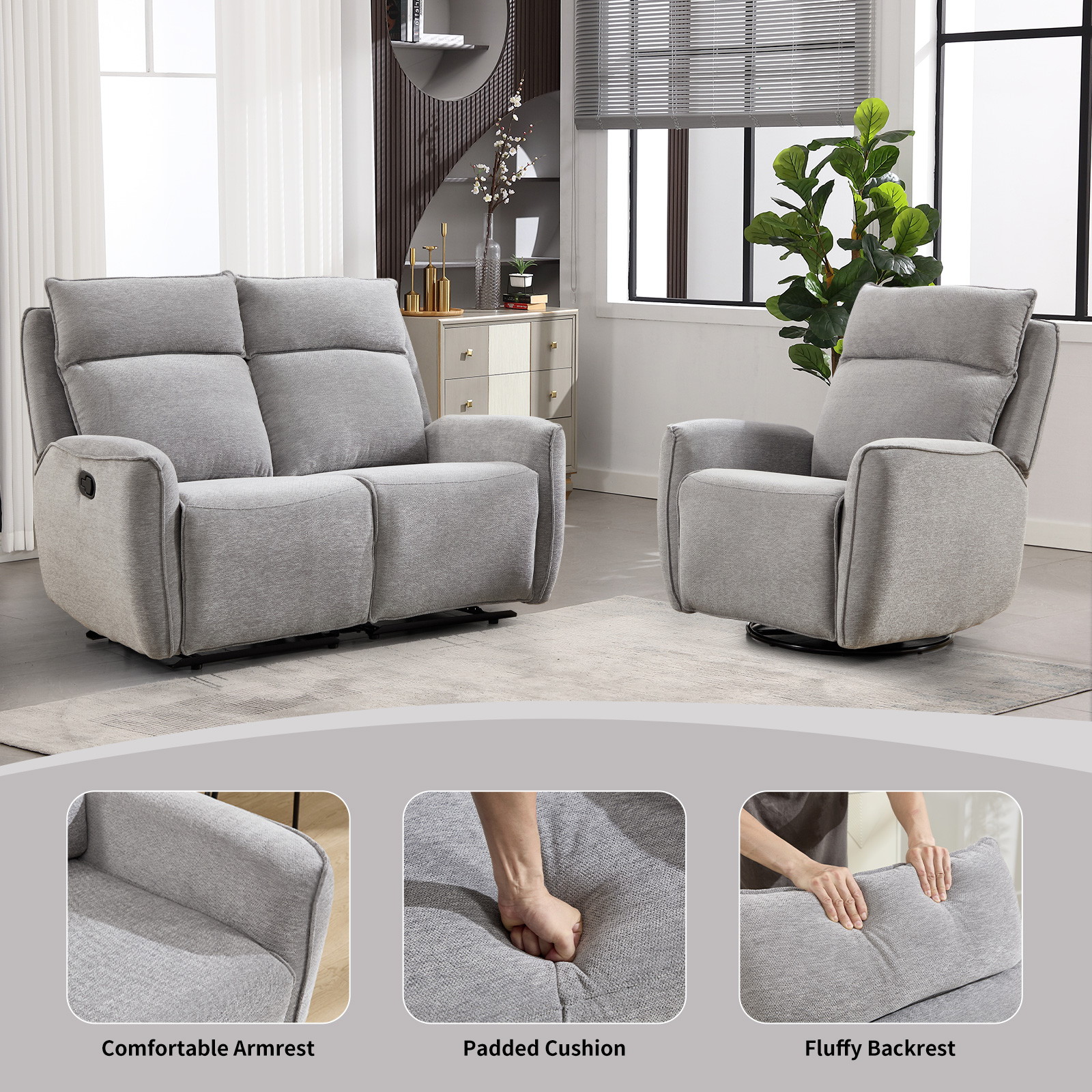 Bonzy Home Fabric Manual Recliner Sofa Set — Single Recliner & Loveseat with Center Console, Hidden Storage & Cup Holders
