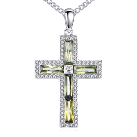 MYSTICPOEM Cross Necklace Sterling Silver Green Cubic Zirconia Cross Pendant Religious Jewelry Gifts for Women Men