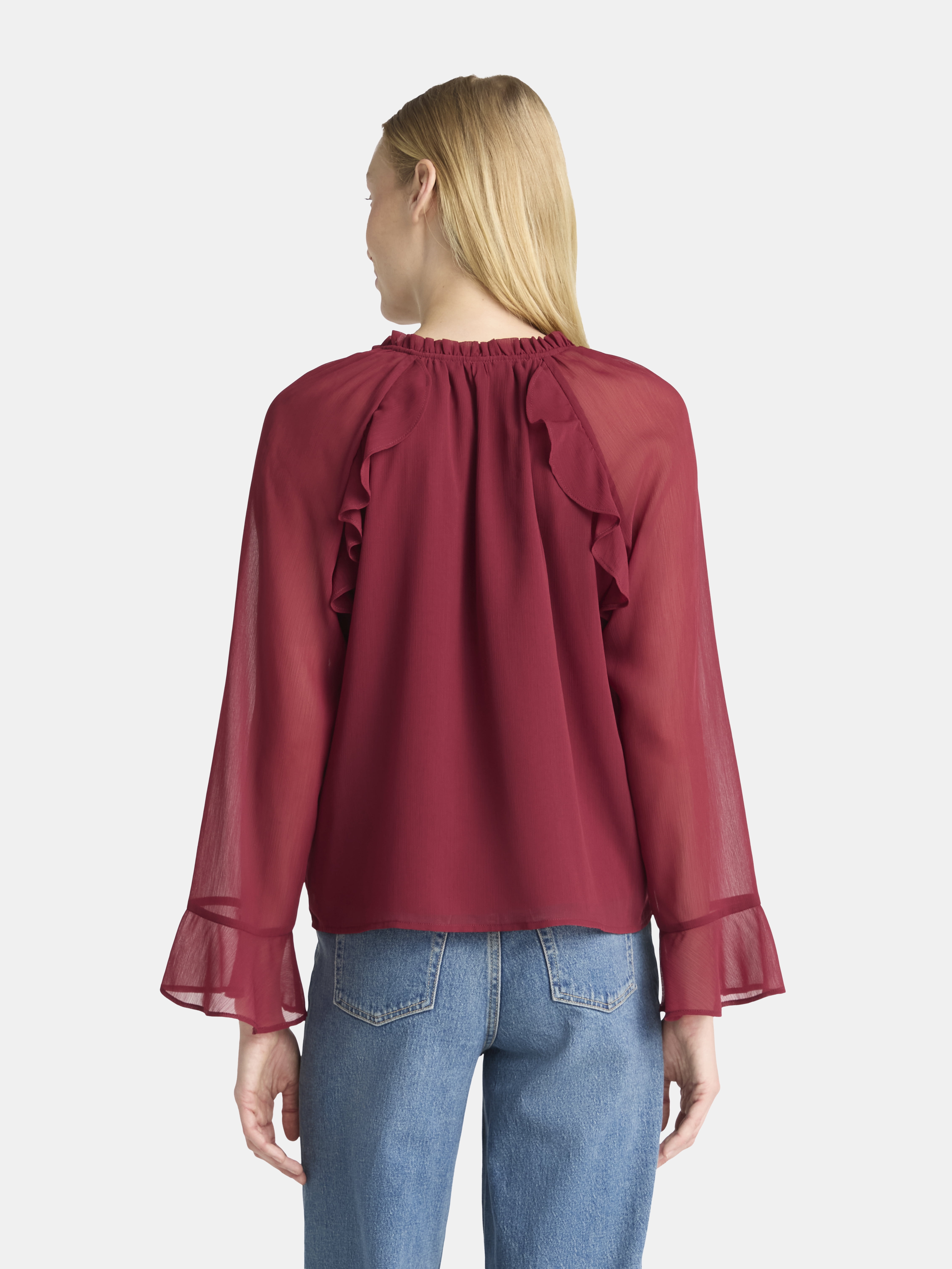 Time and Tru Women's Ruffle Blouse with Long Sleeves, Sizes XS-XXXL