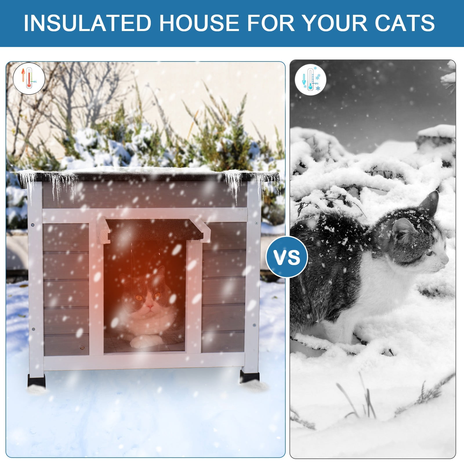 Outdoor Insulated Cat House Feral Cat Shelter Outside Cat Enclosure for Winter Insulated Gray