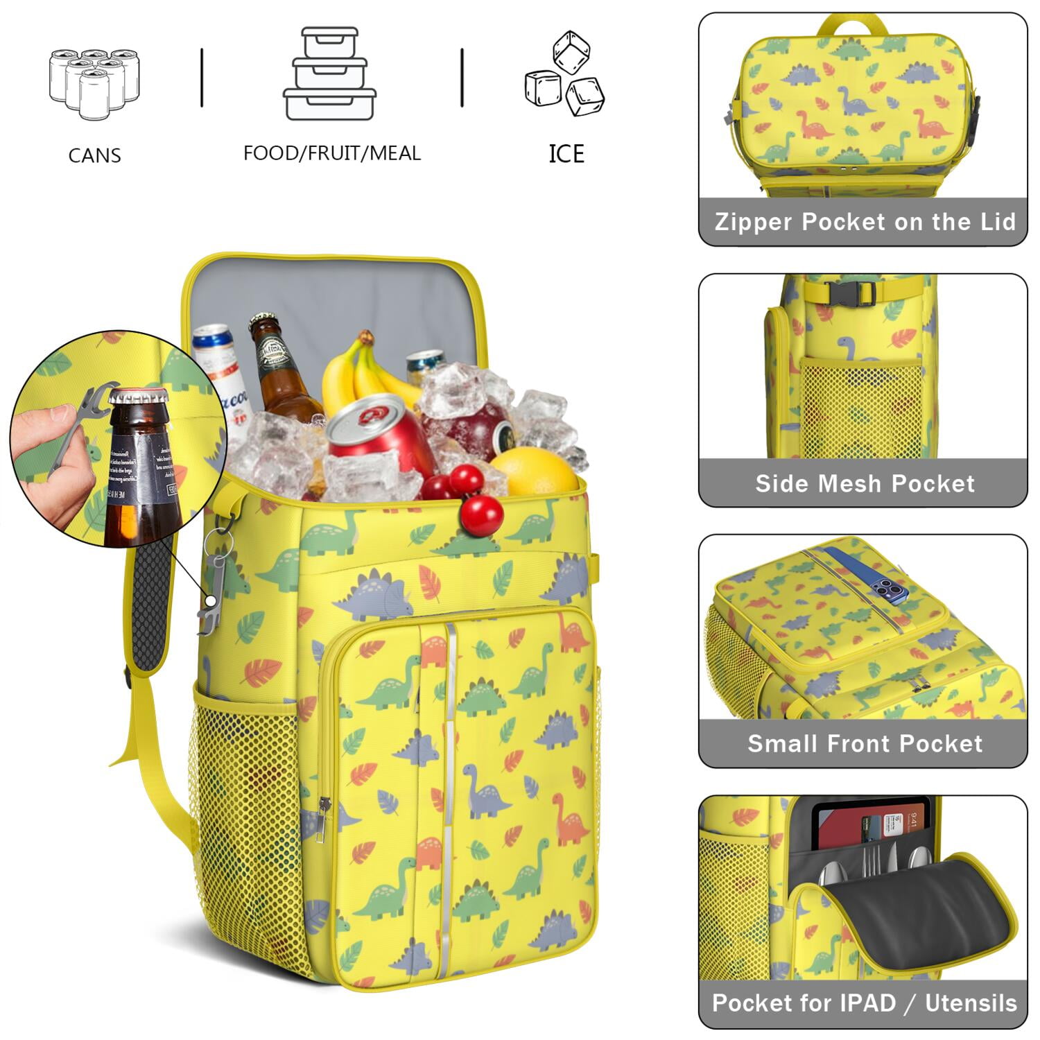 Travel Cooler Bag - Yellow Cartoon Dinosaurs Leaves Pattern Camping Beer Cooler Backpack with Bottle Opener- Waterproof Insulated Picnic Backpacks - Cooler Bag for Beach