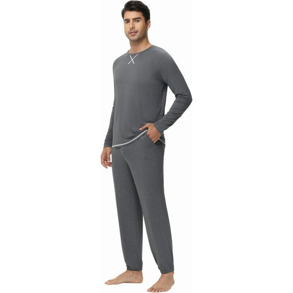 WiWi Mens Pajama Set Drawstring Jogger with Pocket Long Sleeve Sleepwear Loungewear Viscose from Bamboo S-XXL, Dark Heather Grey, XX-Large