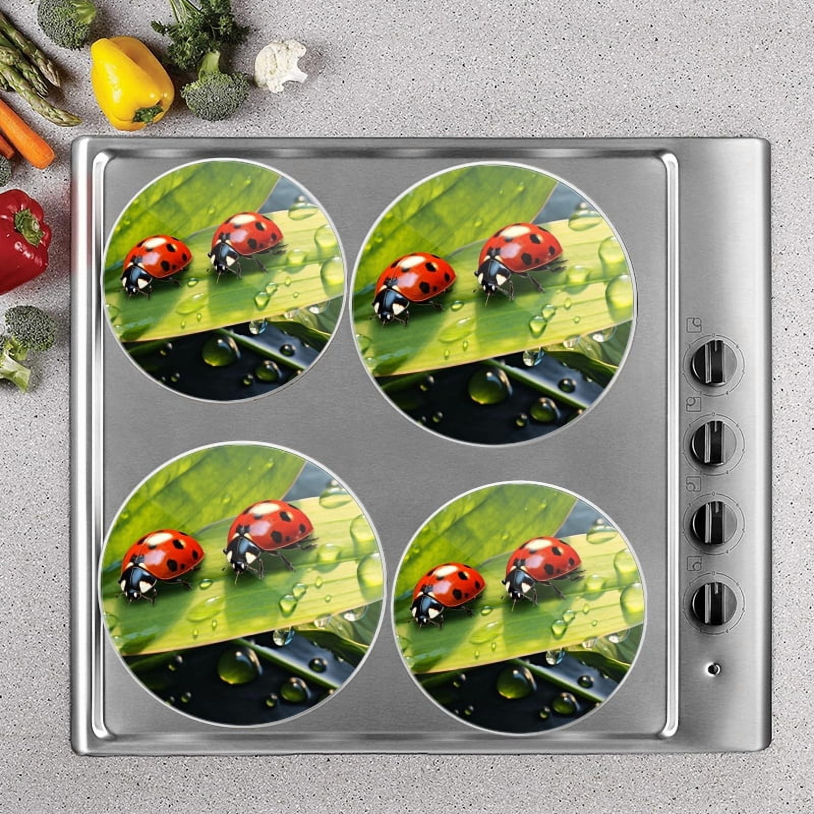 Bahomeck Electric Stove Burner Covers Set Of 4,Ladybugs On The Edge Of Green Leaf With Water Droplets Metal Gas Stove Burner Covers,Protecting Gas Stoves,8 Inch And 10 Inch