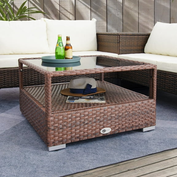 DIMAR GARDEN Outdoor Wicker Coffee Table with Glass top and Storage, Mixed Brown