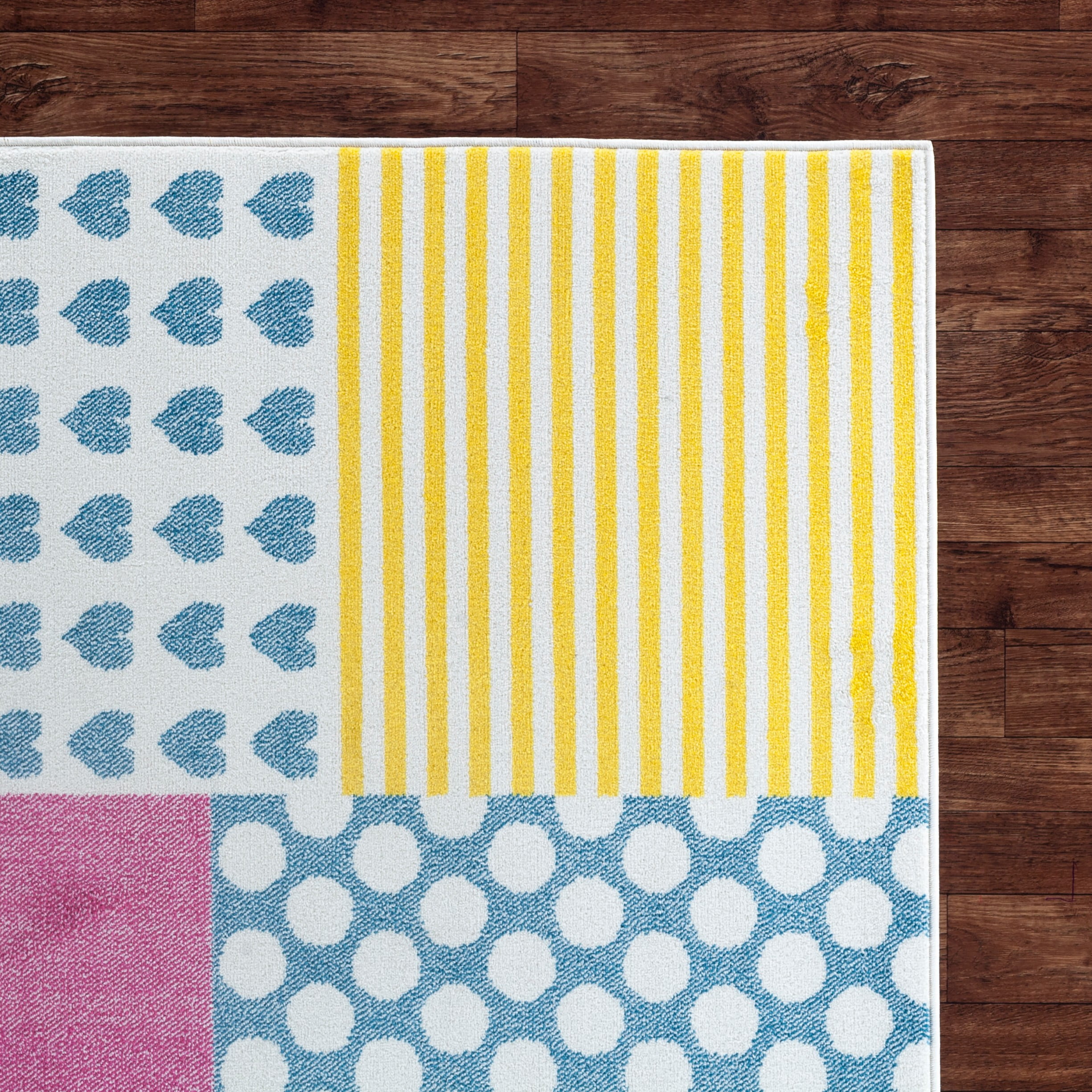 LR Home Ziv 1'10" x 3' Pink/Yellow Patchwork Durable Performance Children’s Indoor Area Rug