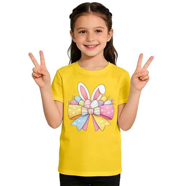 AWZXDE Hauts pour Filles à Manches Courtes T-Shirt Graphique pour Enfants Jeu Décontracté Thème de Pâques Imprimé Col Rond 1-13 Ans