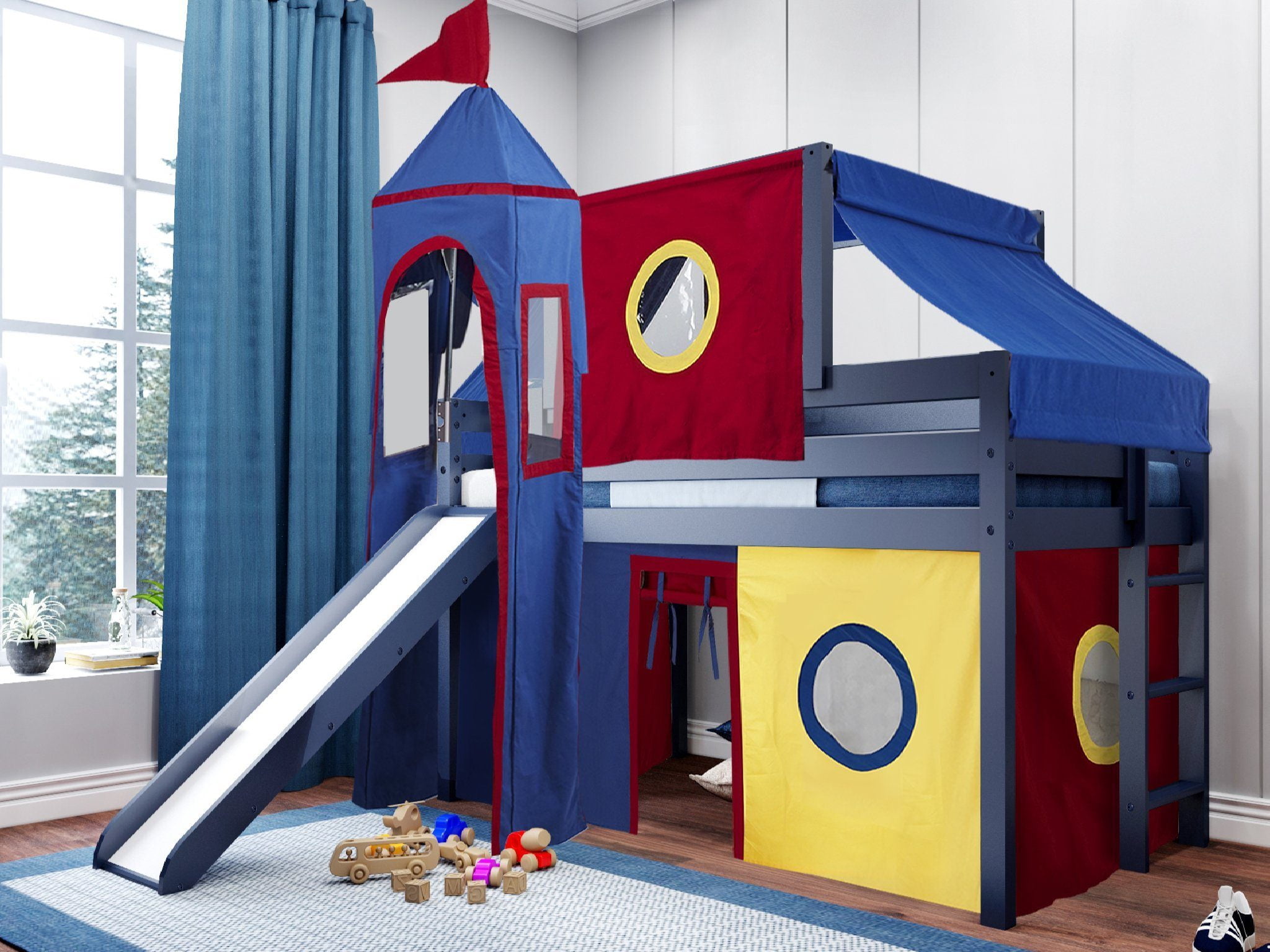JACKPOT! Castle Low Loft Bed with Slide Red Yellow & Blue Tent and