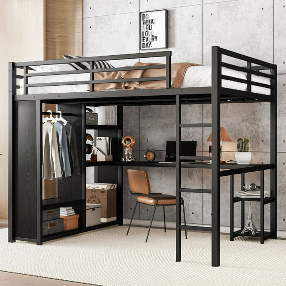 Queen Size Loft Bed Frame with Built-in Wardrobe, Metal Loft Beds Frame with Desk and Storage Shelves, Heavy Duty Bedframe with Safety Guard&Stair, Easy Assembly, Mattress Not Included, Black