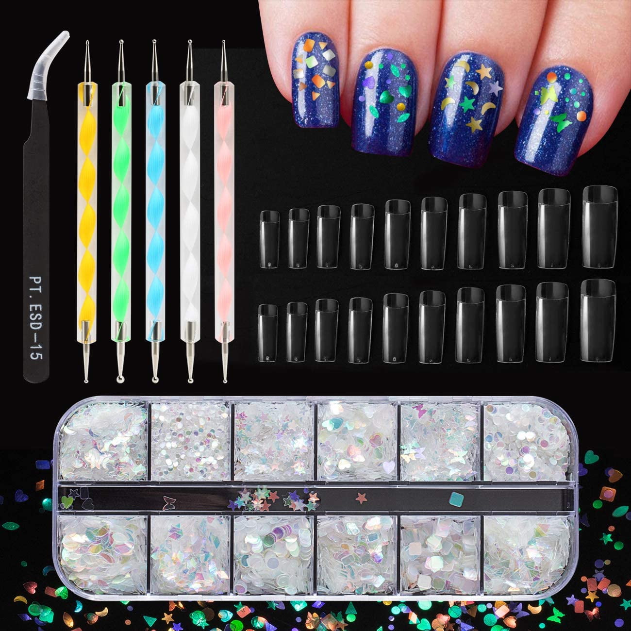Naler Nail Art Kit Tools, 12 Boxes Holographic 3D Assorted Glitter Nail