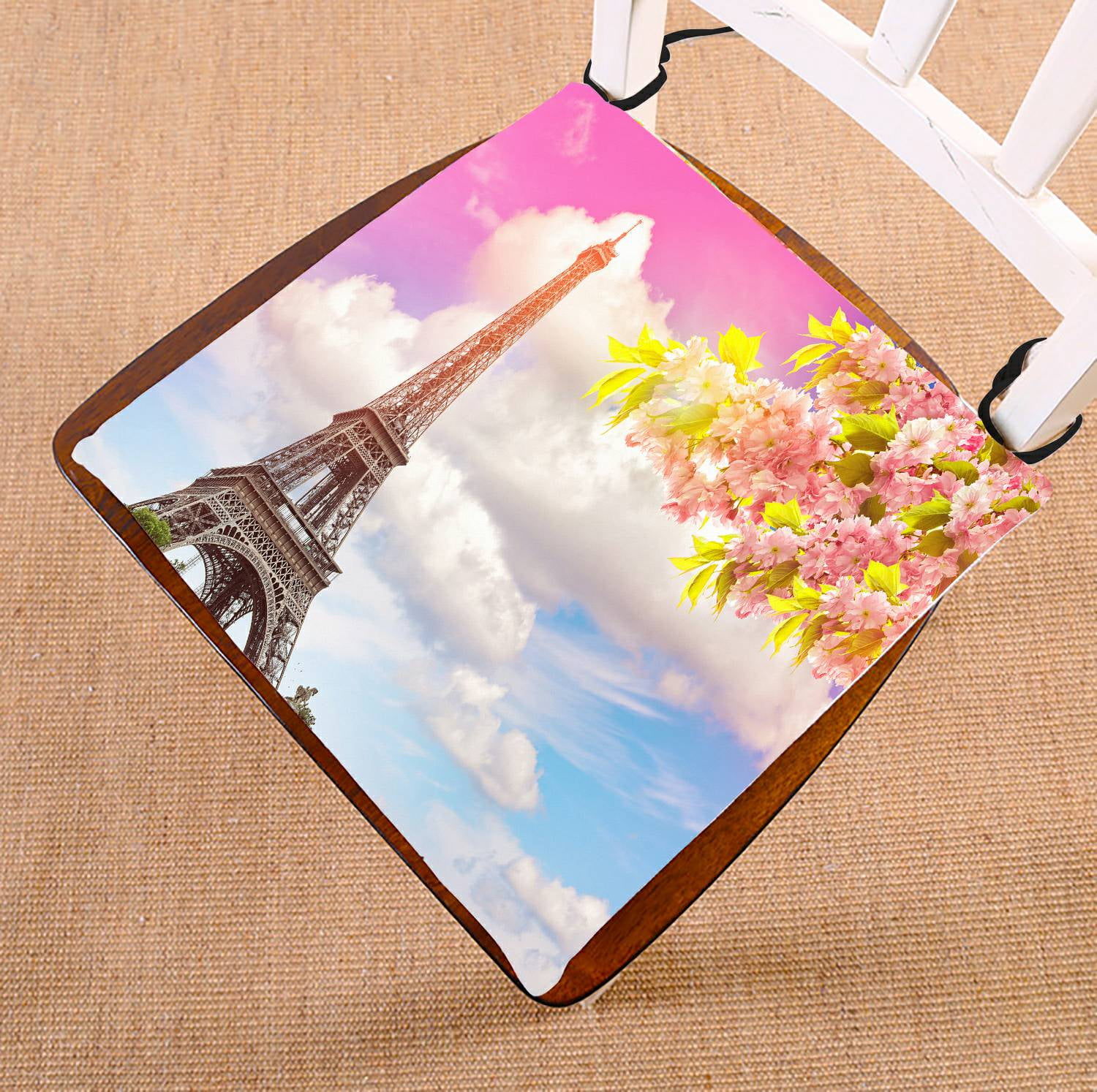 ECZJNT Eiffel Tower Paris sunset sky spring cherry tree seat pad chair