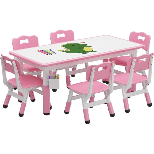 Adjustable-height niños' mesa y 6 sillas set: 472 x 23.6 pulgadas rectangular superficie grafiti, detachable almacenamiento box, bpa-free, non-slip, rosa ages 2 - 10 (playroom, classroom, home)