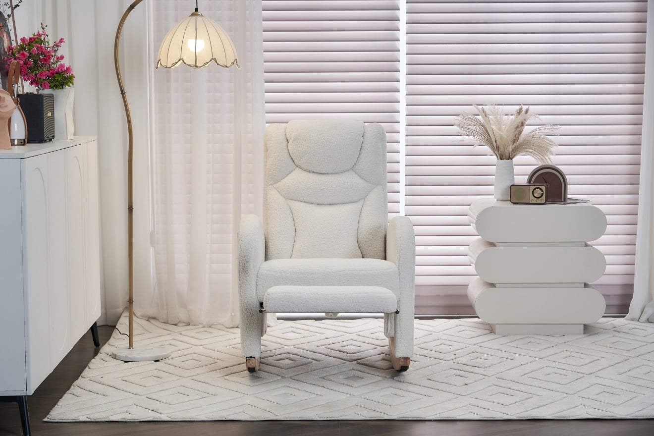 Rocking Chair Nursery, Nursery Rocking Chairs with Adjustable Footrest & Side Pocket, Comfy Rocking Chairs in Teddy Fabric, Reading Arm Glider Chair for Bedroom, Living Room, Office, Ivory