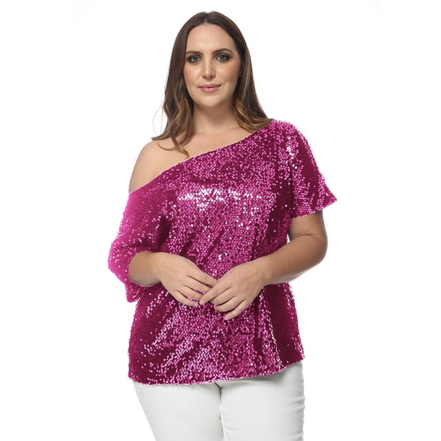 Women's Plus Size Sequin Sexy One Shoulder Short Sleeve Holiday Top