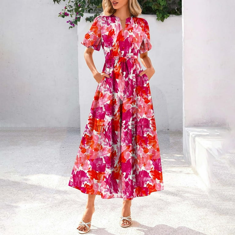 Eawtki Women Summer Floral Midi Dresses Casual Boho Puff Short Sleeve V  Neck Button Belt Flowy Maxi Beach Vacation Dress