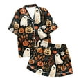 thumbnail image 7 of Halloween Pajamas Women 2 Piece Set Ghost Print Graphic Thin Relaxed Fit Button Short Sleeve Shirts and Shorts Soft Cute Pjs Beige S, 7 of 7