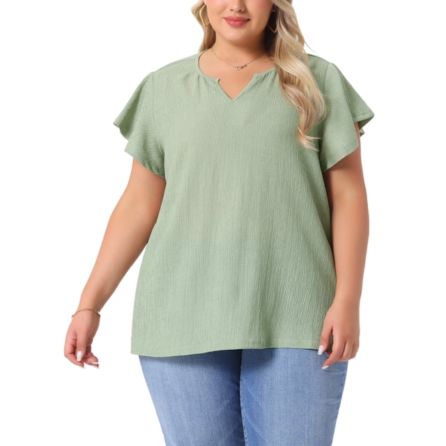 Blusas de verano casuales de talla grande para mujer Agnes Orinda, con textura, cuello en V con muesca y mangas con volantes, 3X, verde