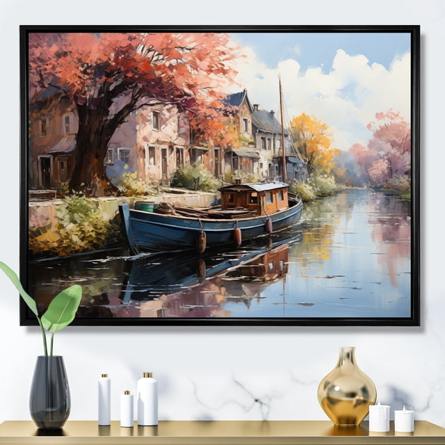 Designart Canaux Art Mural Encadré, Peinture de Voies Navigables Rouges, Canaux Art Mural Encadré Déco, Art Mural Encadré Traditionnel Rouge et Noir, Cadre Noir 20x12 Pouces