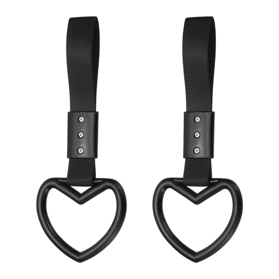 Uxcell 2 Pcs Heart Shaped Car Handle Straps, Car Hanging Accessories Bumper Warning Ring Drift Charm for Auto Bus Decor Interior Exterior Decoration, Black (Black Strap)