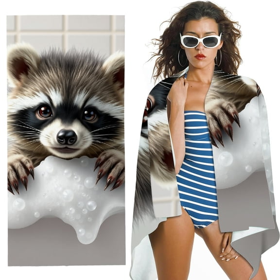 RKSupls Raccoon Bath Microfiber Beach Towel, Extra Large Quick Dry Lightweight Towel for Travel Swimming Camping, Soft Super Absorbent- 30x60 in
