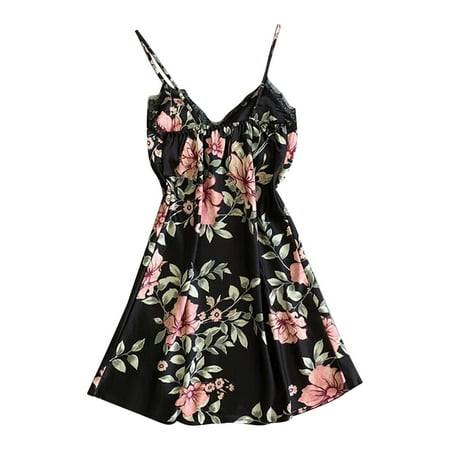 Tao Tao Women s Fashion Nightgown Satin Smooth Spaghetti Strap Nightdress Comfy Lace Floral Print Babydoll Lingerie Full Slips Black M
