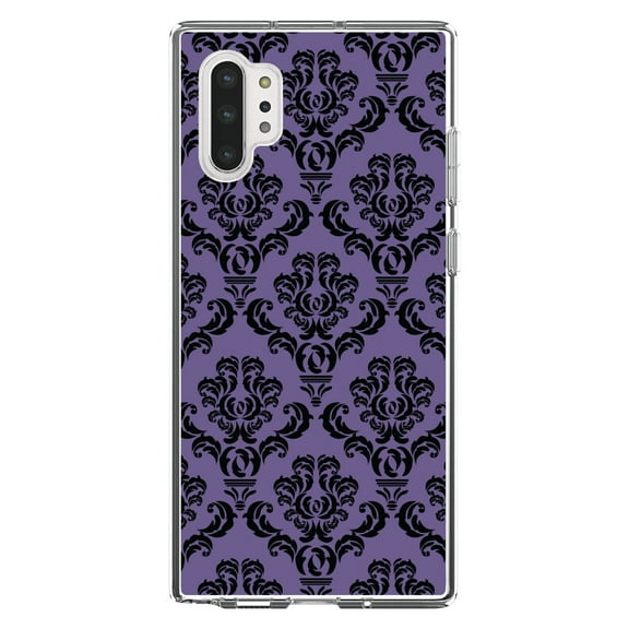 DistinctInk Clear Shockproof Hybrid Case for Galaxy Note 10 PLUS (6.8" Screen) - TPU Bumper, Acrylic Back, Tempered Glass Screen Protector - Purple Black Damask Floral - Floral Damask Pattern