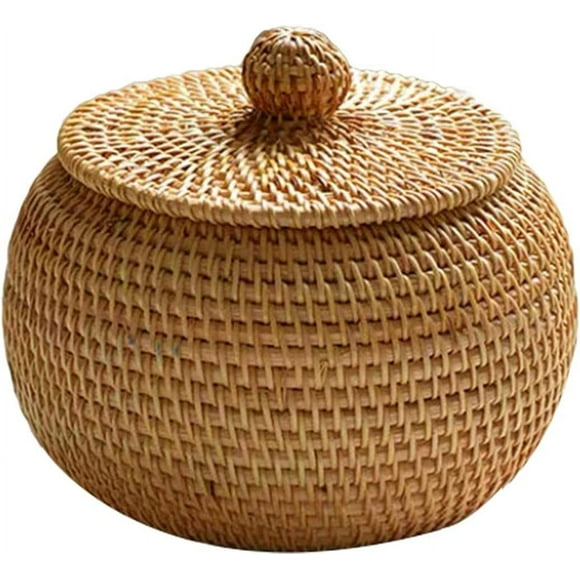 Wicker storage basket with lid-Rattan basket Small wicker box-Woven rattan