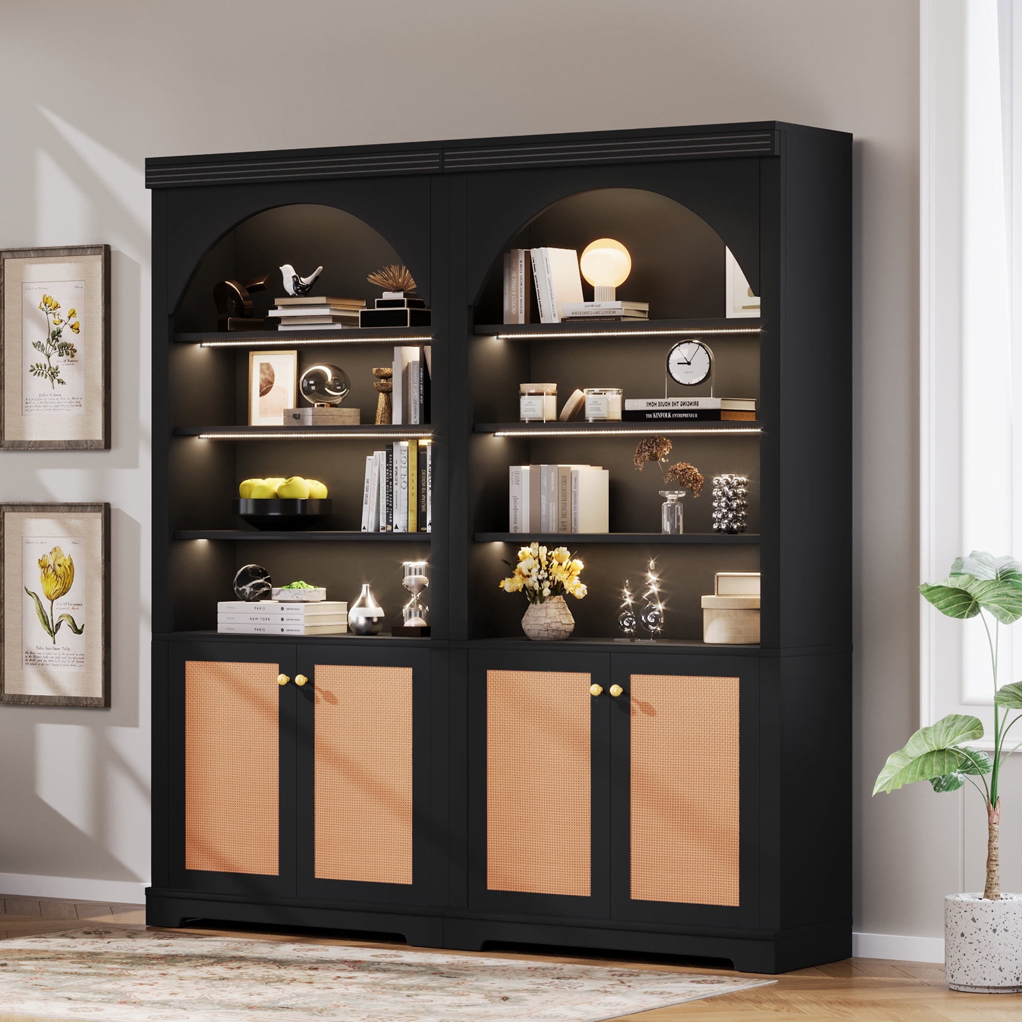 71" Tall Bookshelf Suite with 4-layer LED Lightings, 2 Piece Bookcase with Open Adjustable Shelves