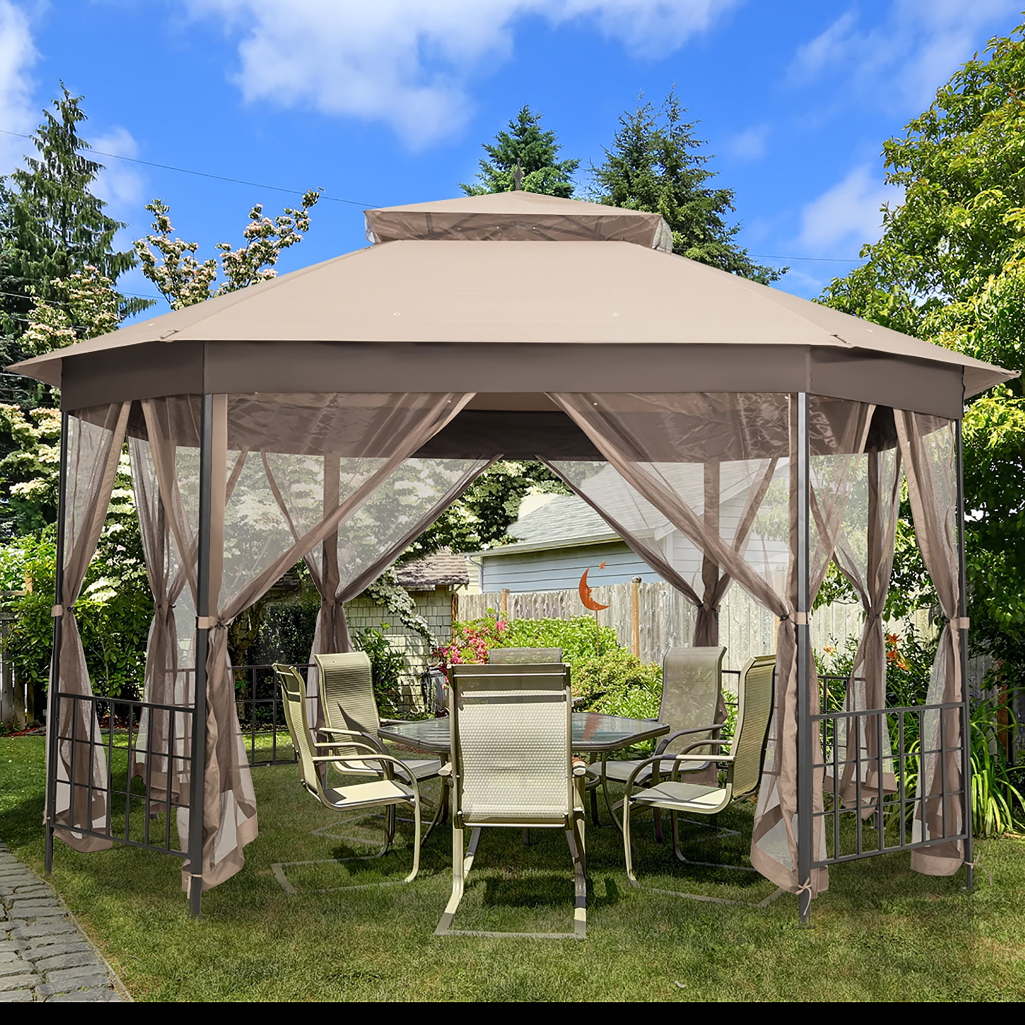 Costway 10 x 12 Octagonal Patio Gazebo Canopy Shelter Double Top W Netting Sidewalls