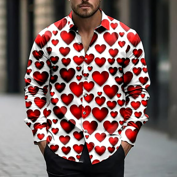NTACZA Graphic Men's Shirts Valentines Day Stretch Red Button Down Shirt Long Sleeve Heart Print Loose Men's T-Shirts L