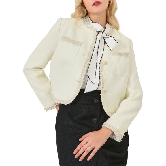 INSPIRE CHIC Women's Elegant Tweed Jacket Long Sleeve Panel Trim Work Office Blazer S Beige