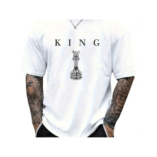 Men's 180GSM Cotton T-Shirt - Black Chess King Graphic Print, Casual Short Sleeve Round Neck Tee for Casual Attire