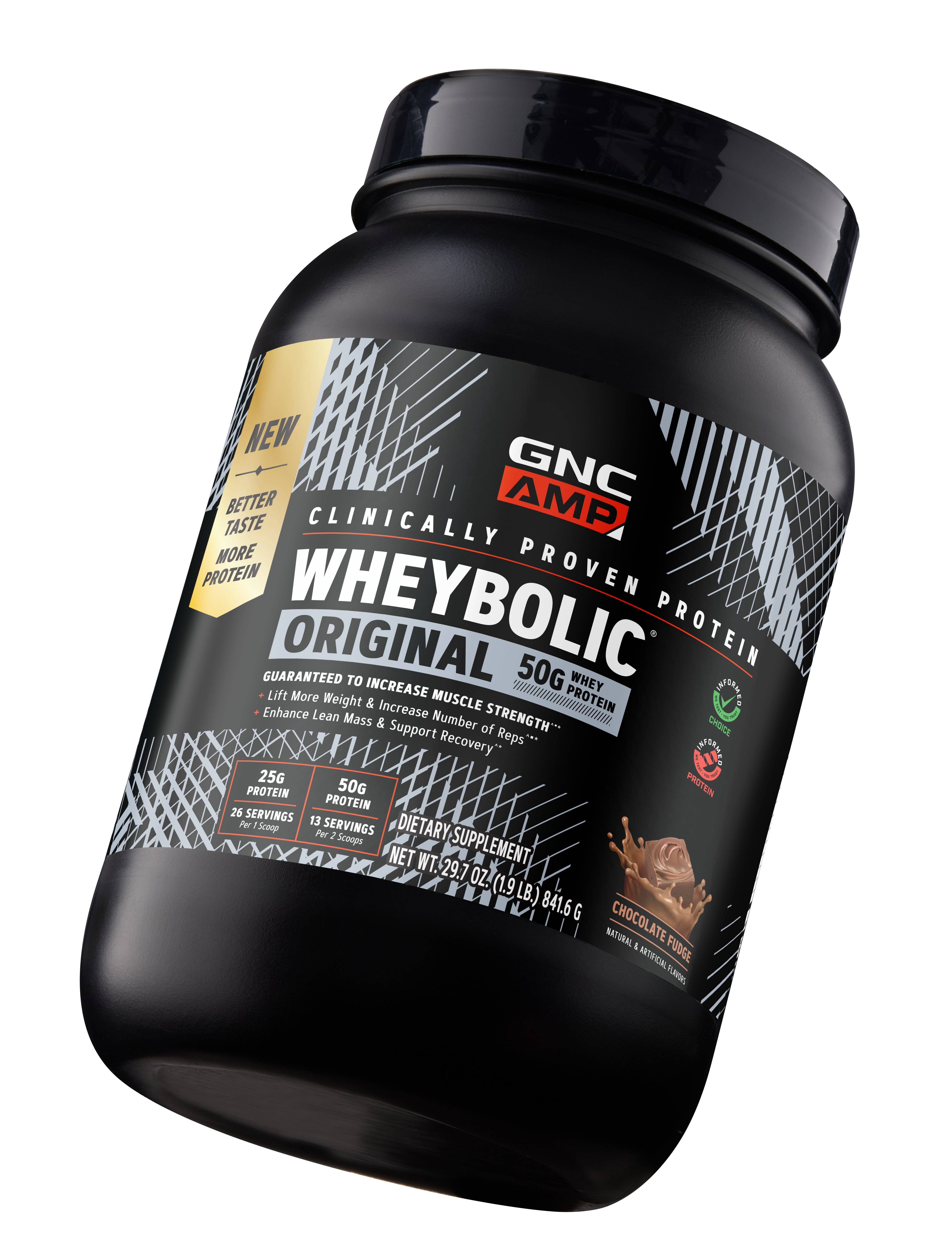 GNC AMP Wheybolic Clinically Proven Protein Powder, 50g Whey Protein, BCAA, Leucine, Increases Muscle Strength, Muscle Building, 3rd Party Tested, Gluten Free, Chocolate Fudge 13 Servings