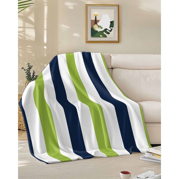 Fleece Blanket Navy Blue Grass Green Striped Blankets, Soft Cozy Warm Flannel Throw Blanket, Classic Contrasting Lines Blanket for Bed Couch Sofa,50x60In